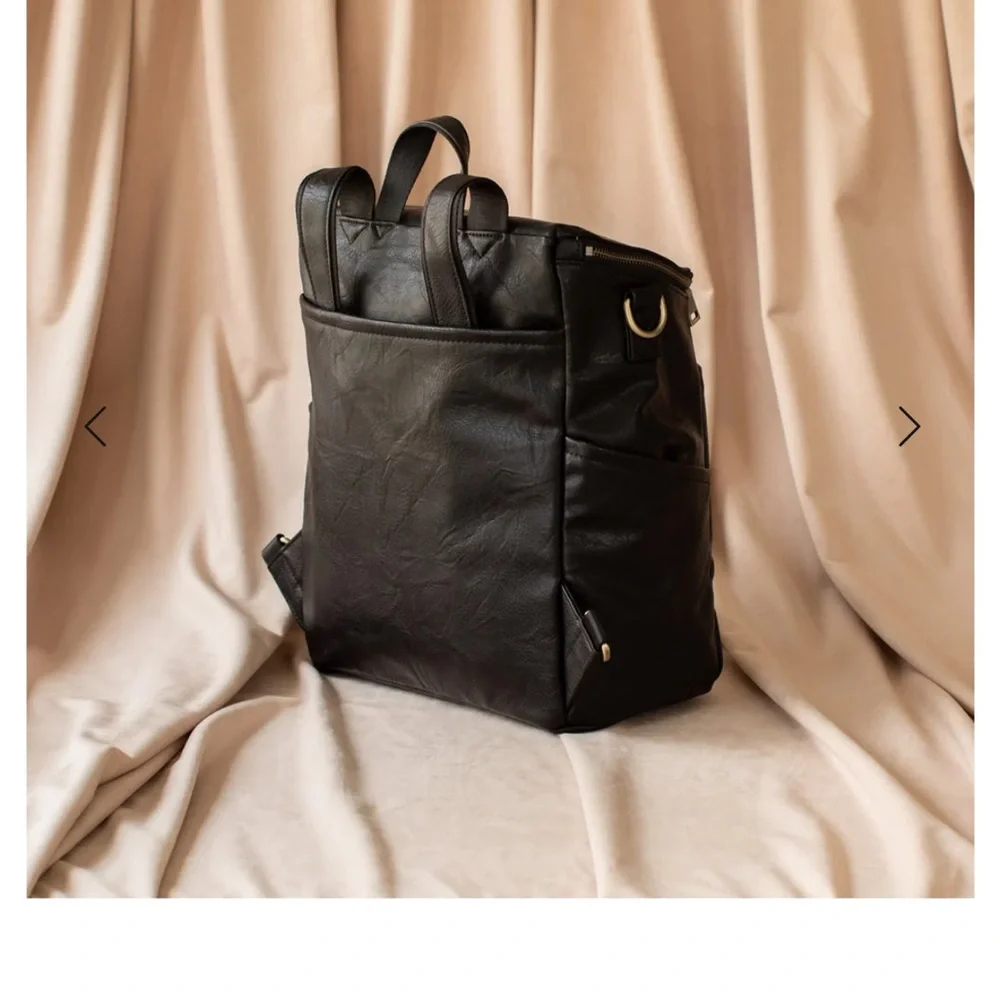 Vegan black leather diaper bag & leopard pouch